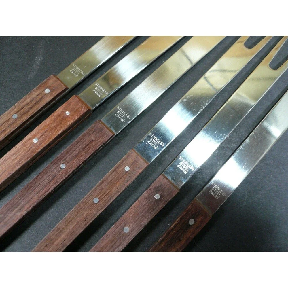 Vintage Set of 6 Stainless Steel & Teakwood Fondue 10
